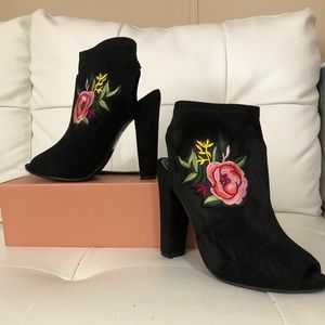 Floral Black Suede Backless Boot Heel